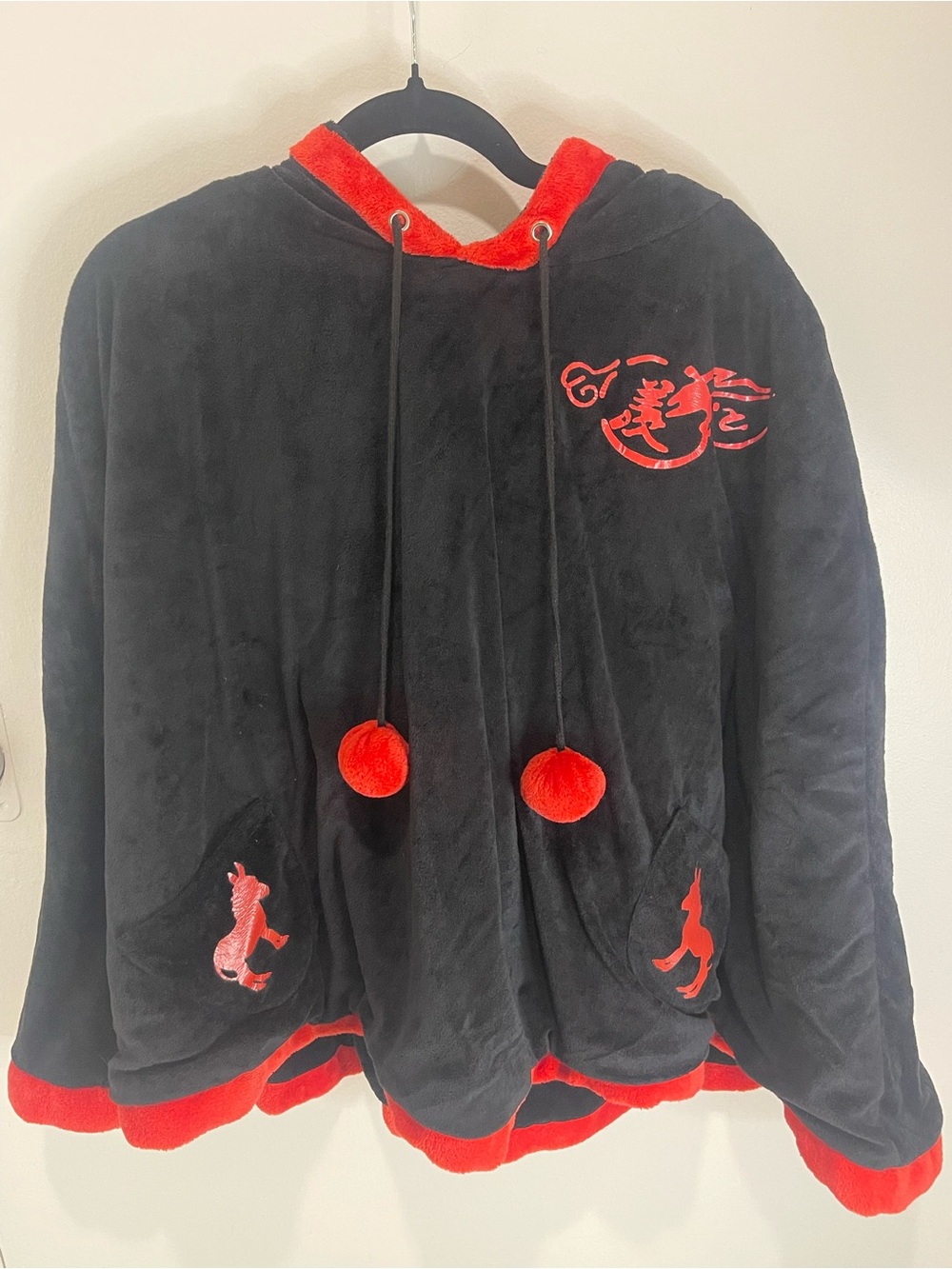 Comic-Con Red & Black Plush velvet poncho with bunny ear hoodie -